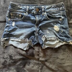 American Eagle Shortie‎ Denim Jean Shorts Cuffed Distressed Size 2